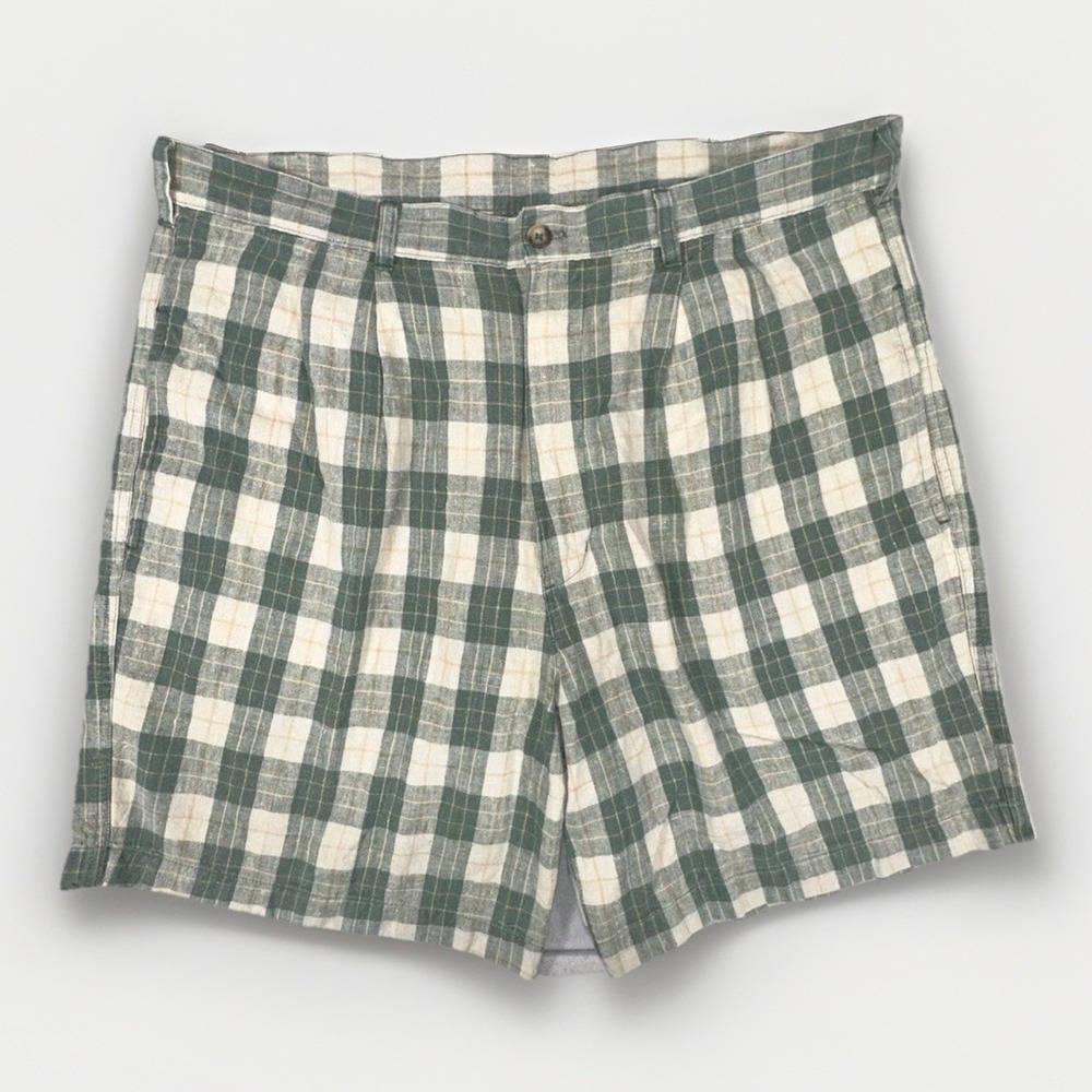 Woolrich Mens Vintage Linen Blend Green Plaid Pleated Shorts Golf  38